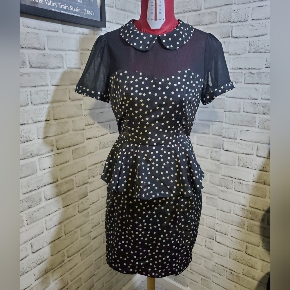 Forever 21 Black/White Polka Dot Peplum Dress with Peter Pan Collar Size S